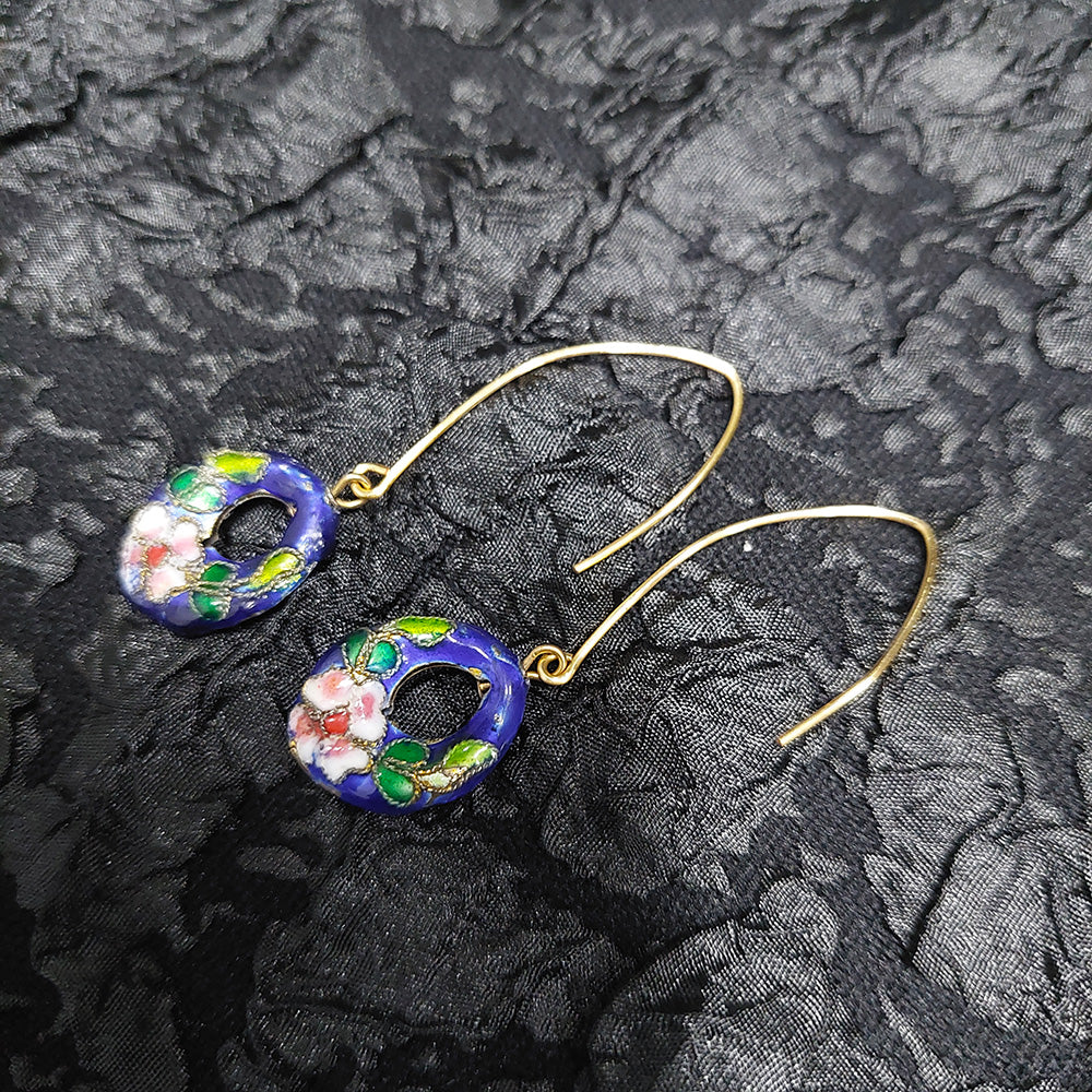 Blue  drop-shaped Floral Cloisonne Bead Earrings