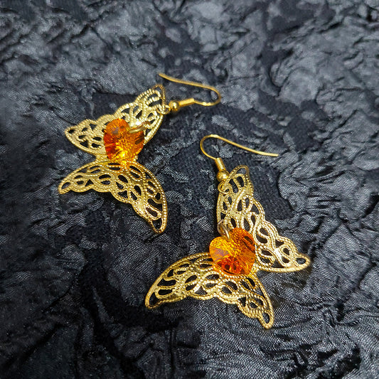 Gold Color Butterfly Heart Shaped Crystal Earrings