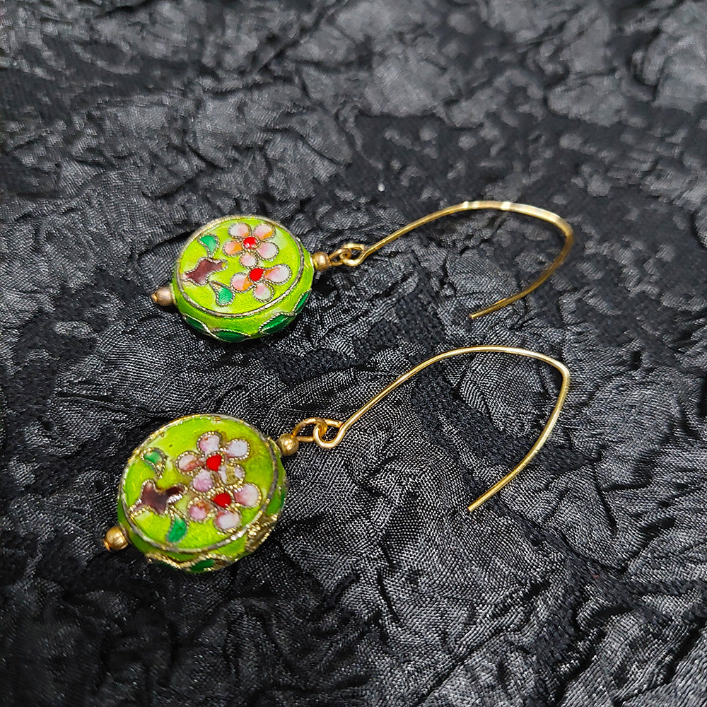 Green Floral Cloisonne Earrings