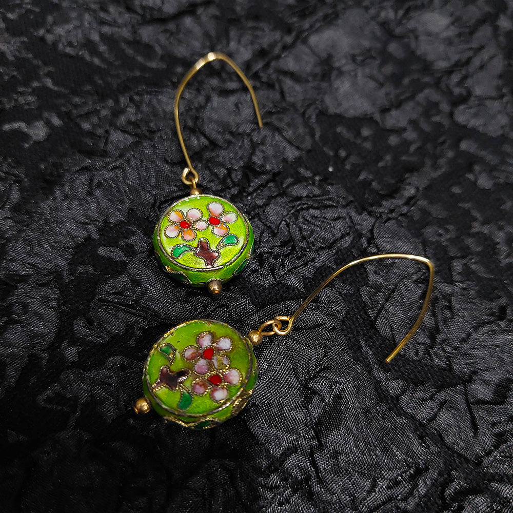 Green Floral Cloisonne Earrings