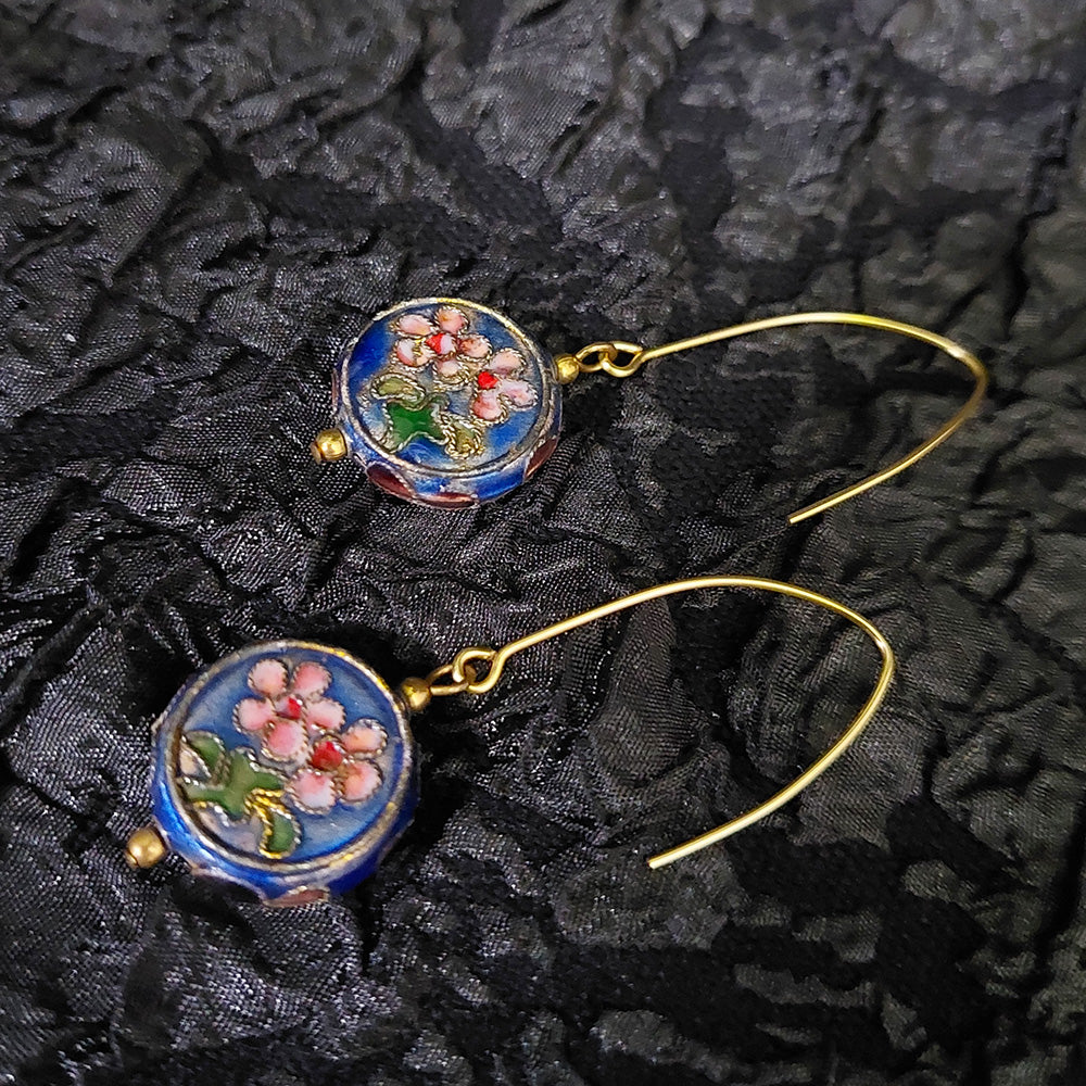 Blue Floral Cloisonne Bead Earrings